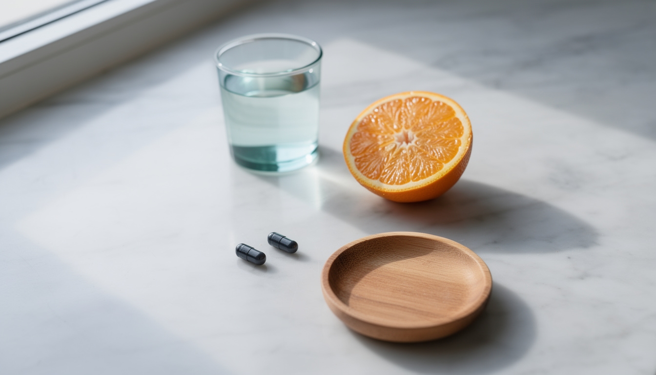 Cápsulas de suplemento Flexacil Ultra junto a vaso de agua y fruta fresca sobre mesa de madera clara